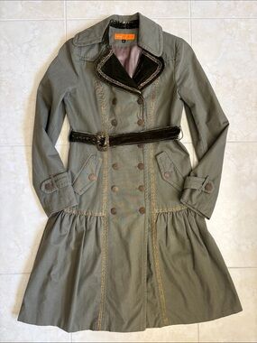 Vintage Cynthia Steffe Military Style Green Trench Coat Velvet Belted 90s Medium